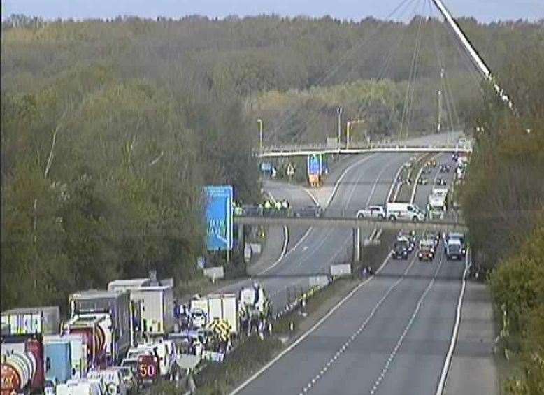 The M20 in Ashford was closed this morning following concerns for a man's welfare. Picture: National Highways