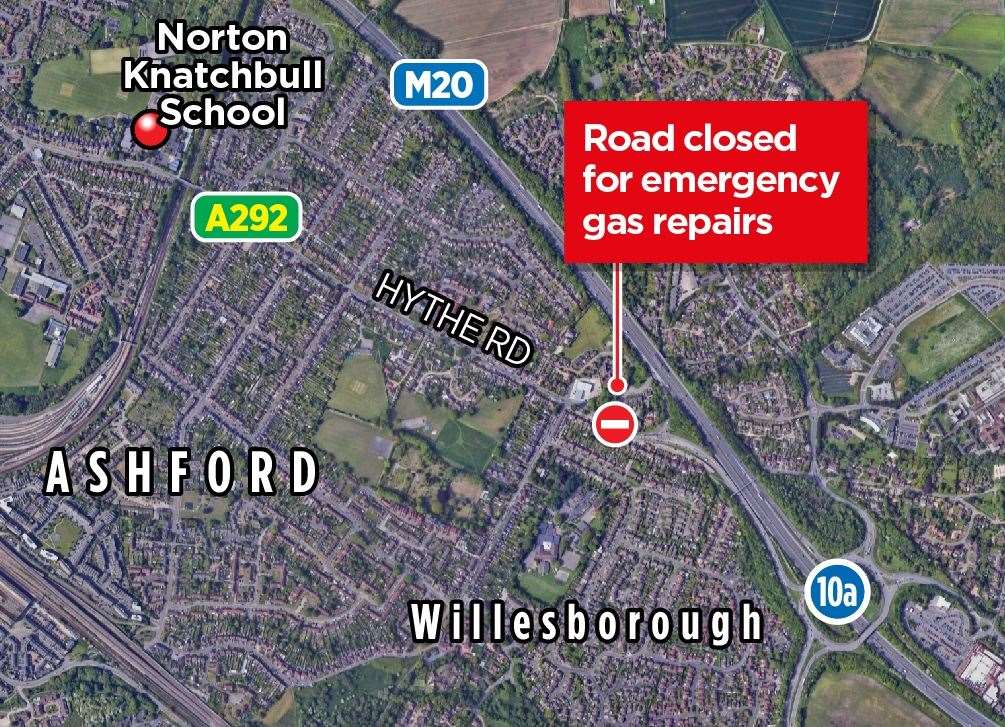 Hythe Road in Ashford will be closed for up to 10 days for emergency gas works